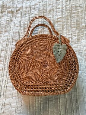 Handwoven Round Rattan Tote Bag in Brown